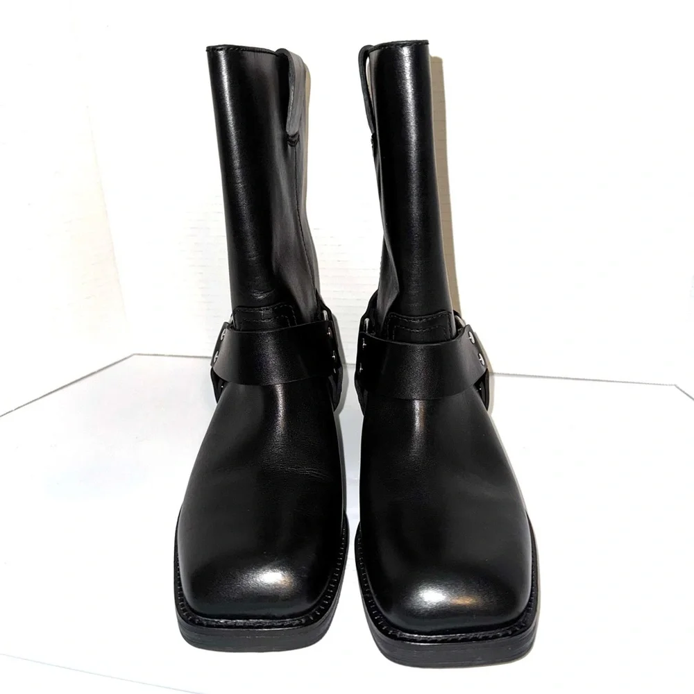 Tory Burch Double T Black Leather Moto  Boots 8